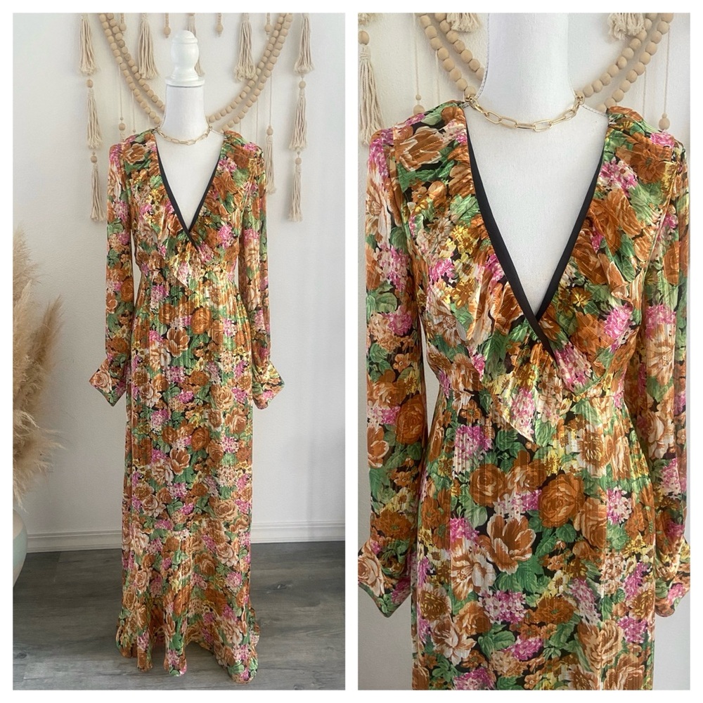 Nasty Gal chiffon ruffle maxi dress romantic floral spring green gold size 6